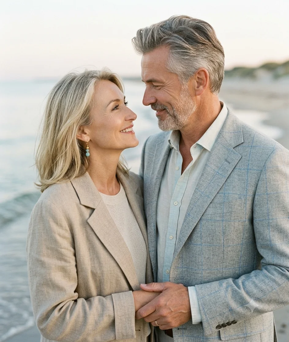 Un couple échange un regard complice au bord de la mer